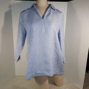 J.Jill 100% Linen blue and white stripe split neckline top size M